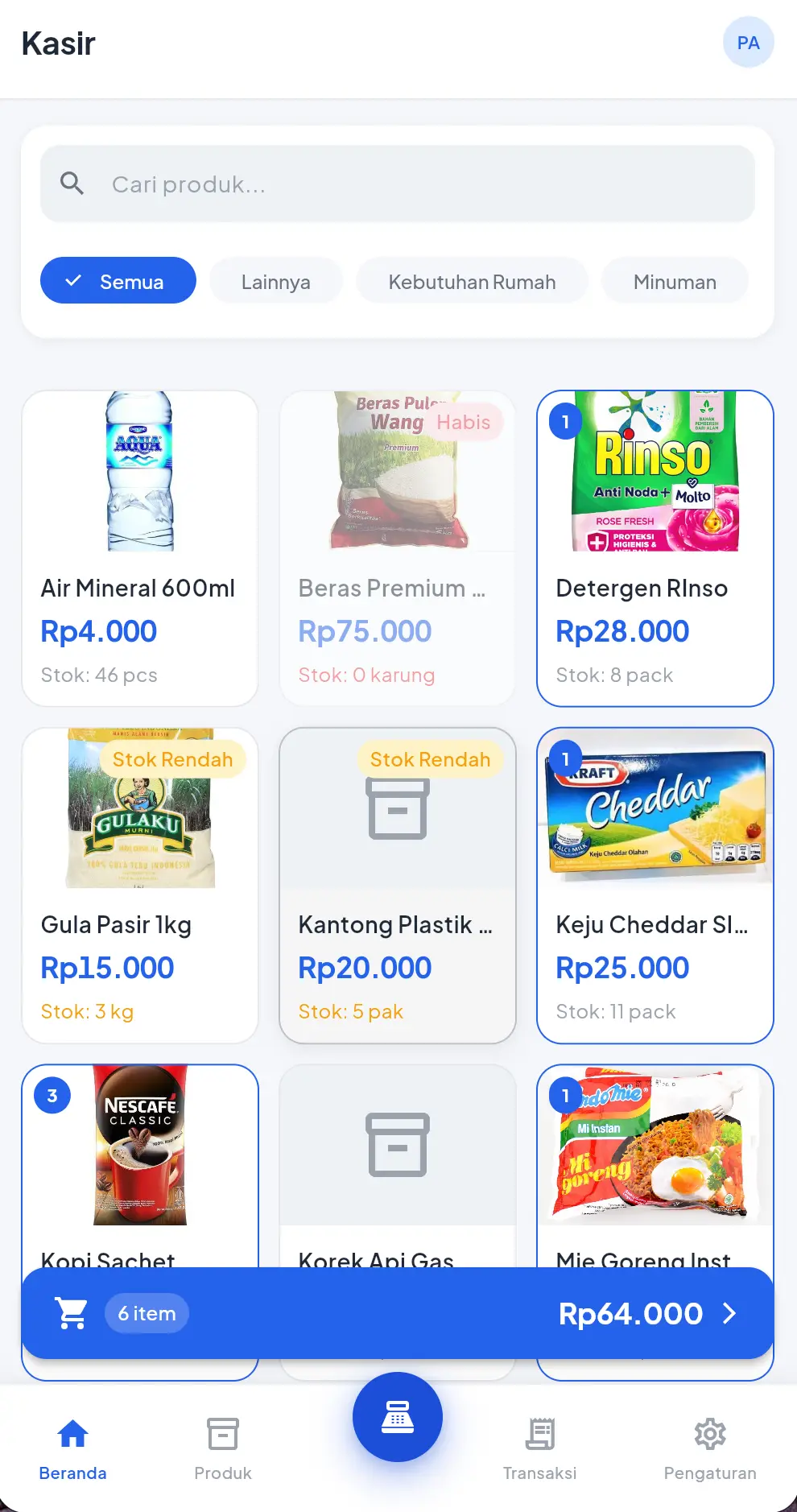 Layar Kasir KASBON di HP: daftar produk dengan foto, penanda stok rendah dan habis, serta keranjang berisi 6 item senilai Rp64.000