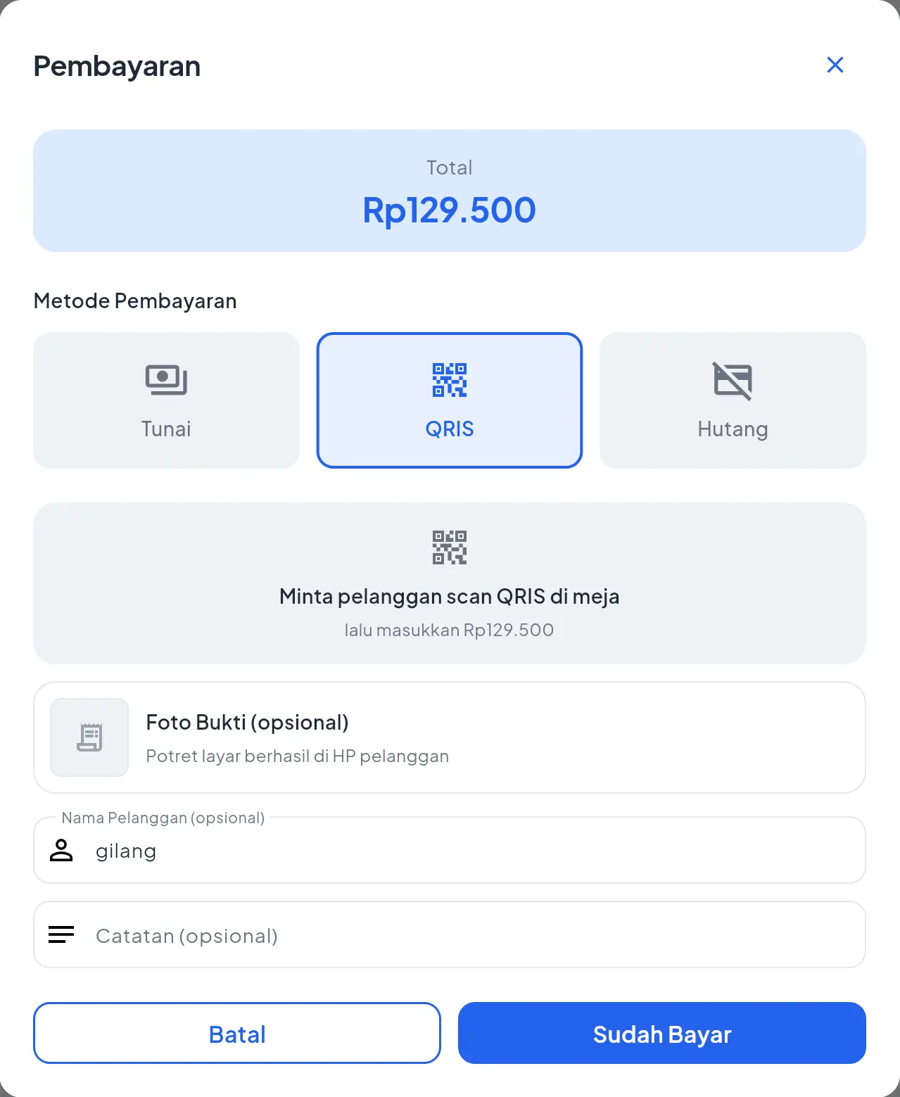 Dialog pembayaran KASBON dengan pilihan Tunai, QRIS, dan Hutang, kolom foto bukti, dan nama pelanggan
